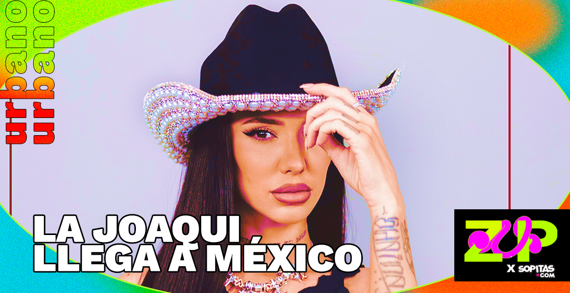 La Joaqui con sombrero negro y fondo psicodélico, promoción de su llegada a México para concierto en 2025.