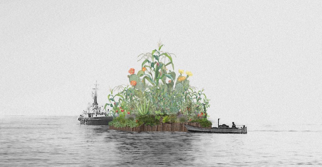 Collage de la Chinampa Veneta, 2025, Collage sobre una imagen del Teatro del Mondo de Aldo Rossi, © Chinampa Veneta